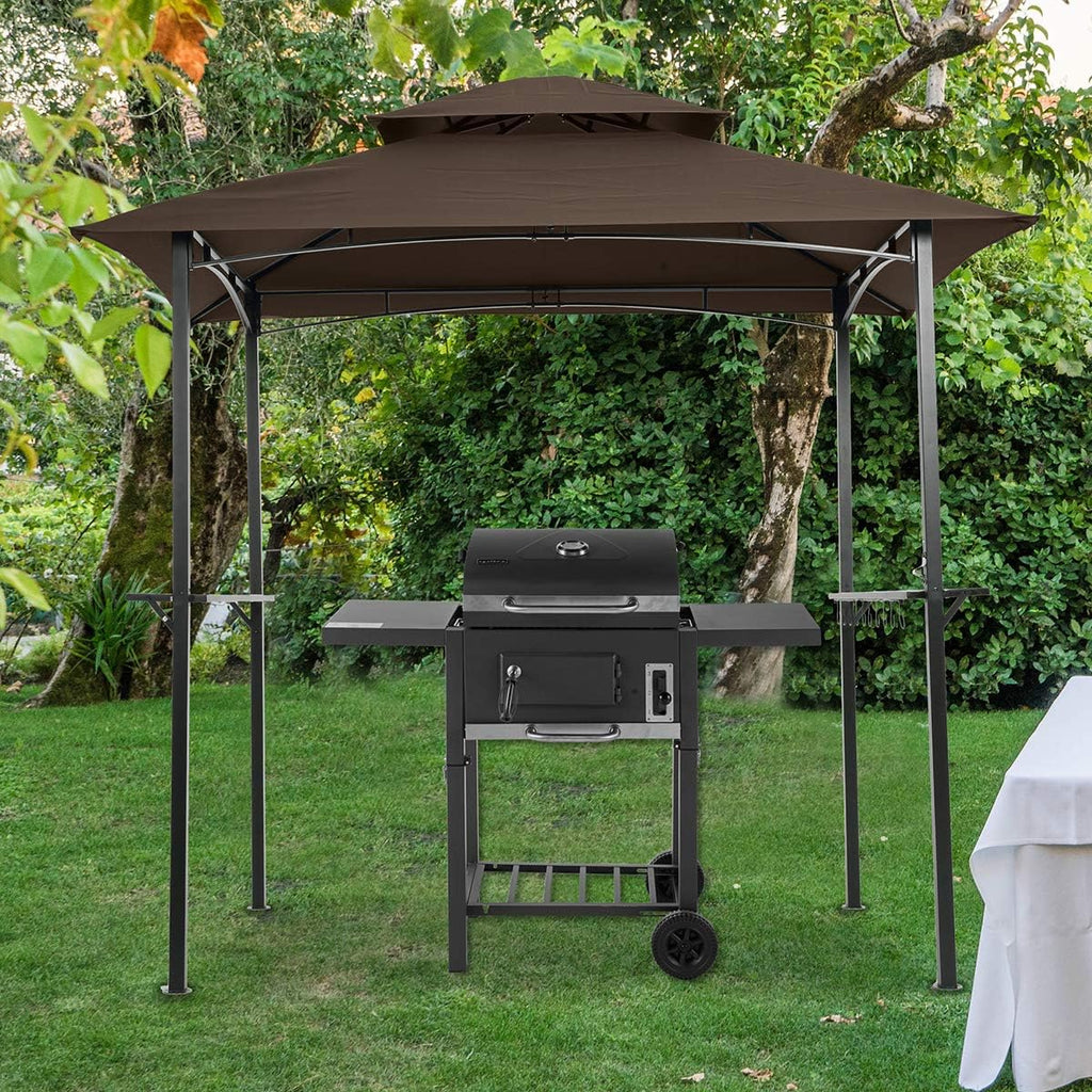8' x 5' Double Tier Soft Top Grill Gazebo, Outdoor Barbecue Gazebo with Hook and Bar Counters, Grill Canopy for Barbecue & Outdoor Canopy, Brown