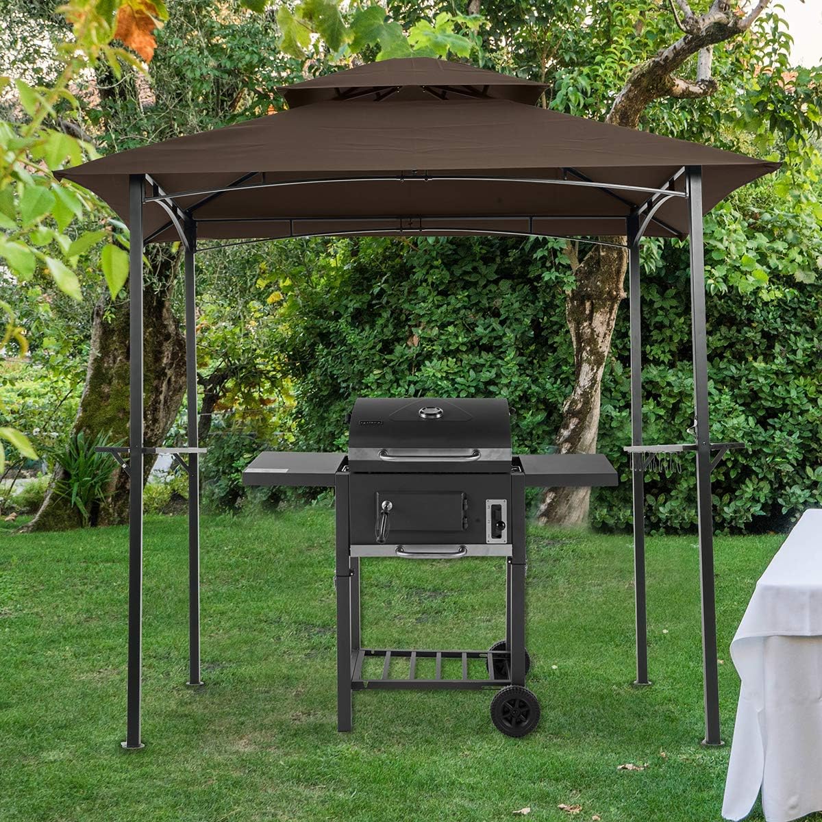 8' x 5' Double Tier Soft Top Grill Gazebo, Outdoor Barbecue Gazebo with Hook and Bar Counters, Grill Canopy for Barbecue & Outdoor Canopy, Brown