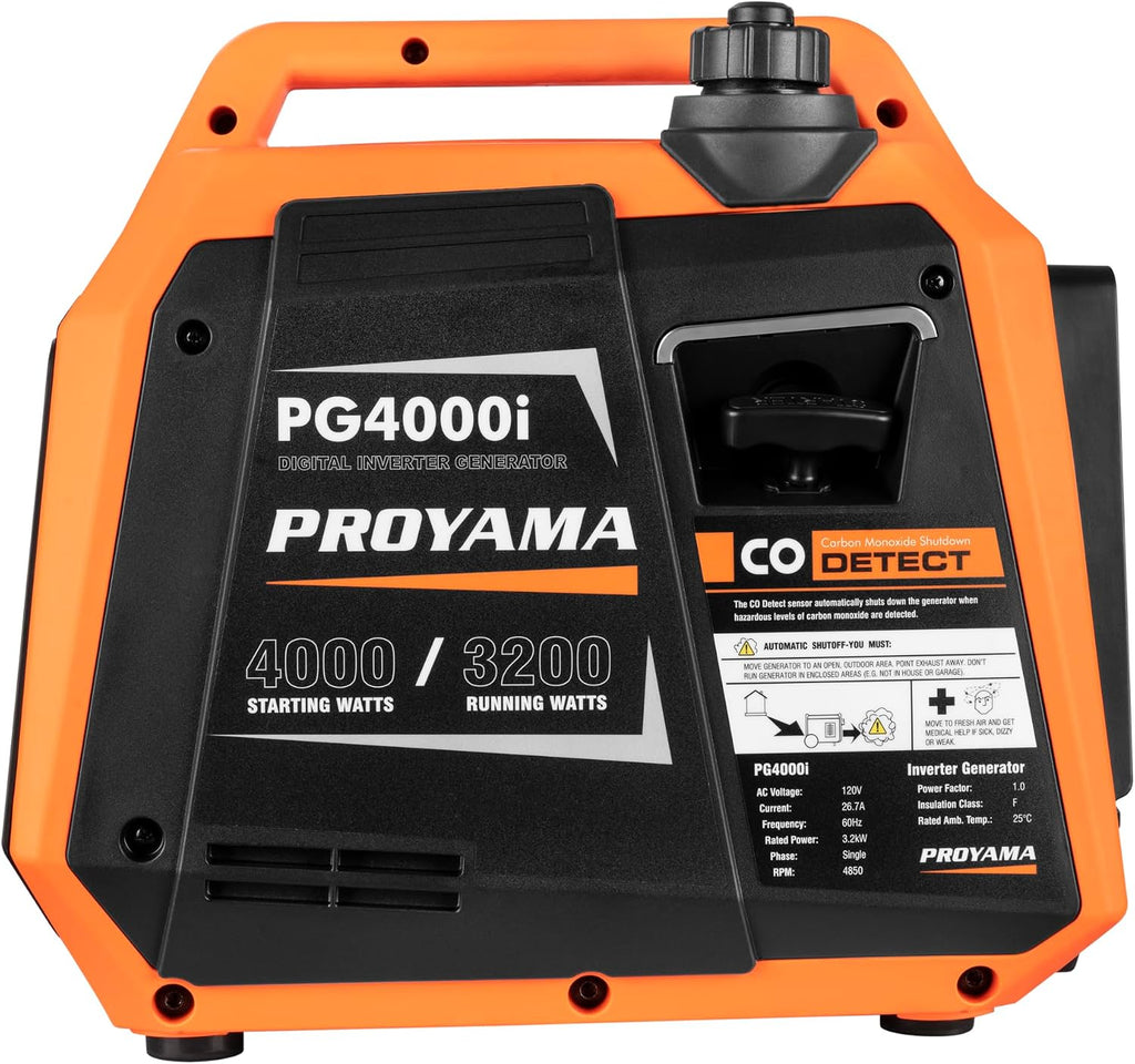 PROYAMA 4000W Portable Gas Inverter Generator, CO Sensor, Digital Interface, RV - Ready, LED Light, ECO - Mode, Parallel Capable, Low Oil Shutoff, Super Quiet and Lightweight with Weatherproof Cover