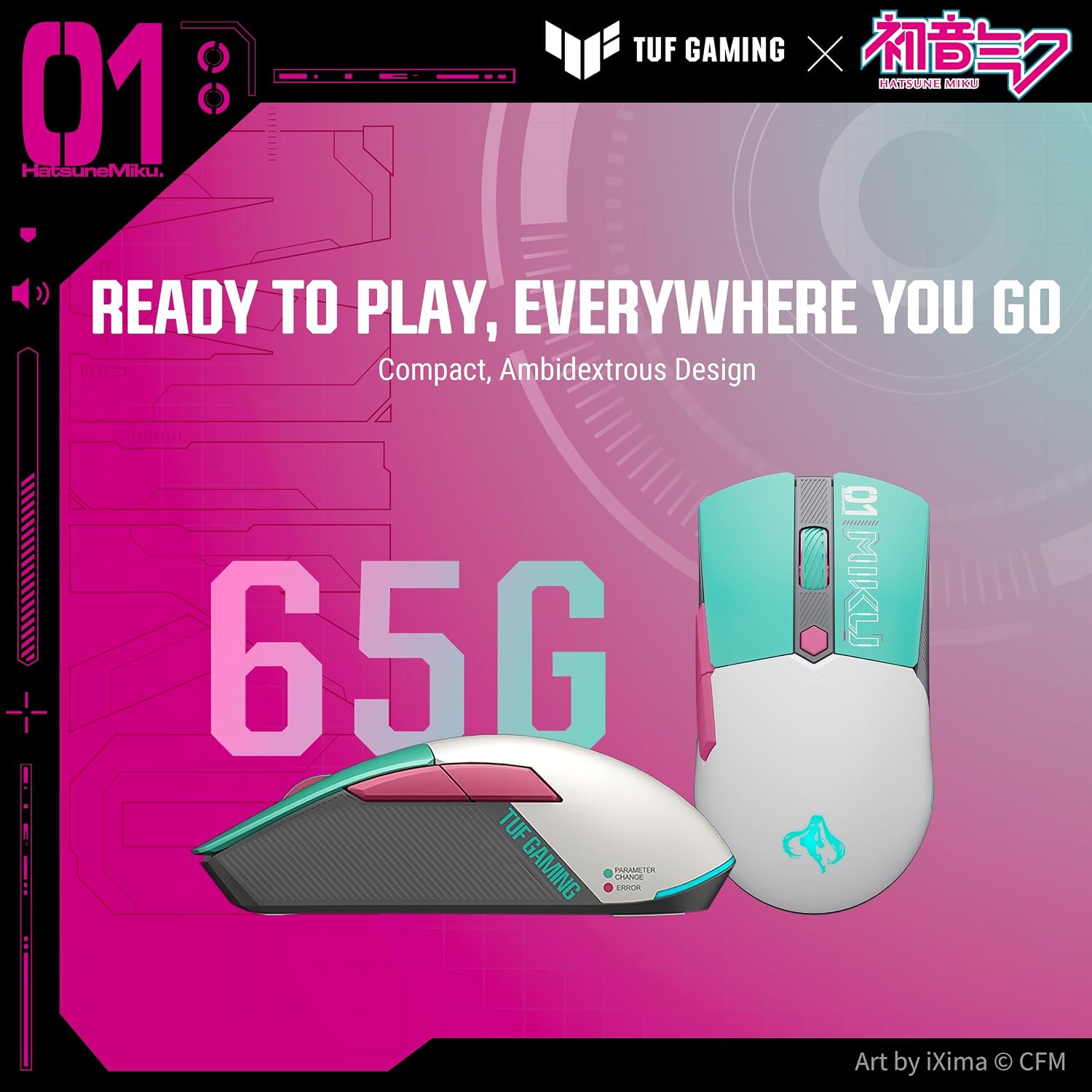 ASUS TUF Gaming Hatsune Miku Edition Mini Wireless Mouse – Right-Handed, 65g Lightweight, Compact, Tri-Mode Connectivity, 12K DPI, up to 134Hr Battery, RGB Miku Logo, PC/Mac Support - Aqua