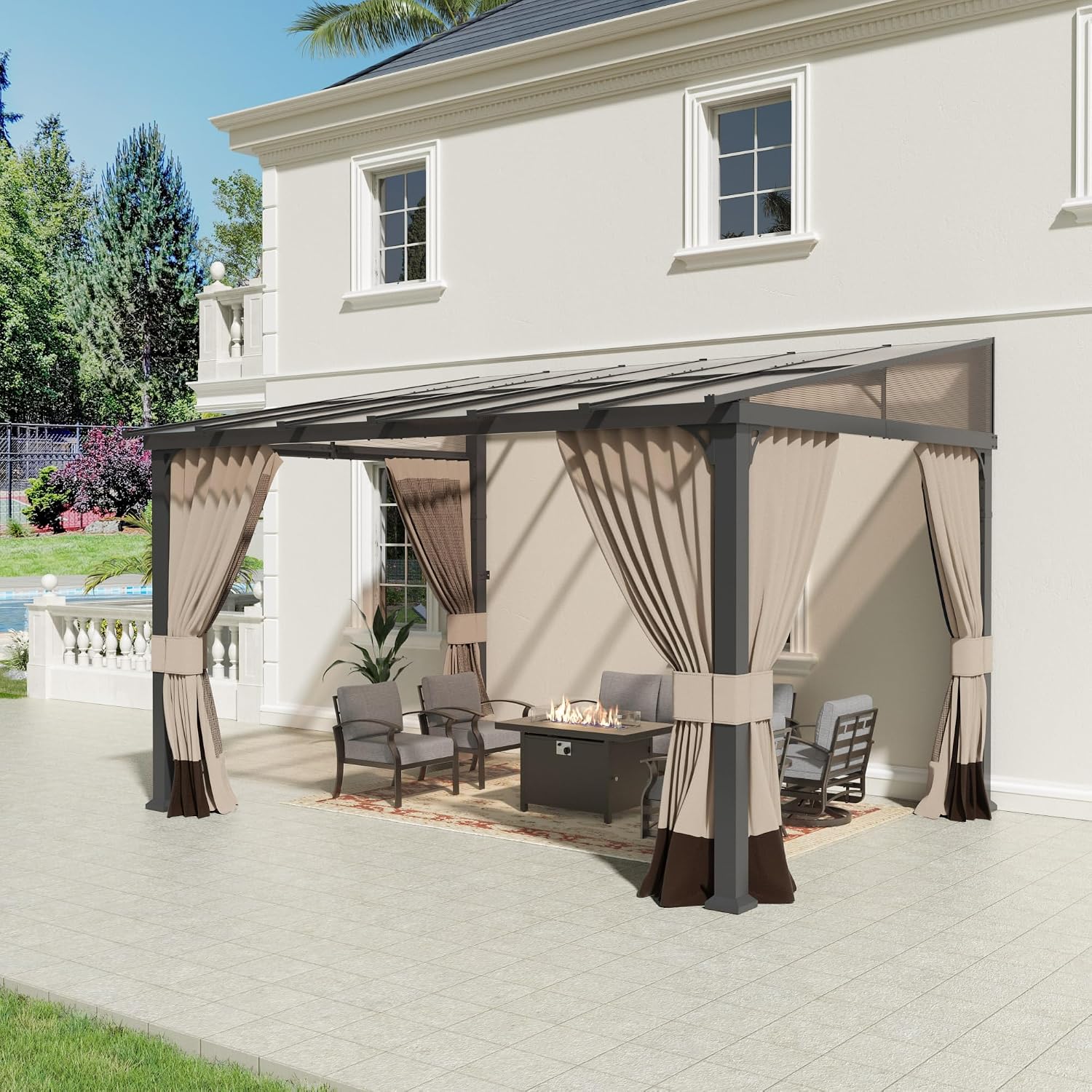 10' x 14' Gazebo for Patio,Wall Mounted Gazebo with Sloping Polycarbonate Roof,Aluminum Frame Outdoor pelgole w/Netting & Curtain for Garden,Deck,Backyard,Khaki