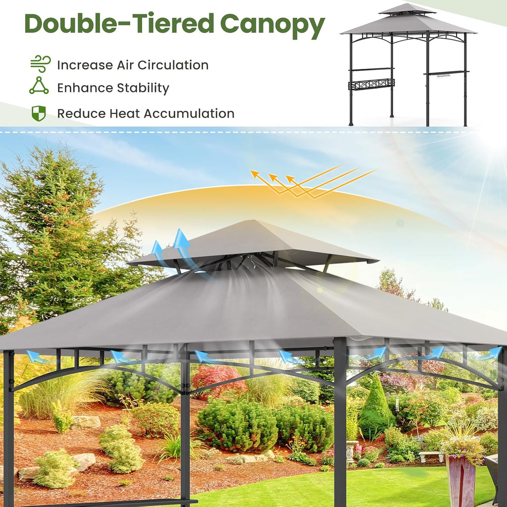 HAPPYGRILL 8 x 5 FT BBQ Grill Gazebo with 2 Side Shelves, Storage Basket, Hanging Hooks, Bottle Opener, Double-Tiered Top, Metal Frame, Outdoor Barbecue Canopy, Grilling Shelter for Patio Garden Yard