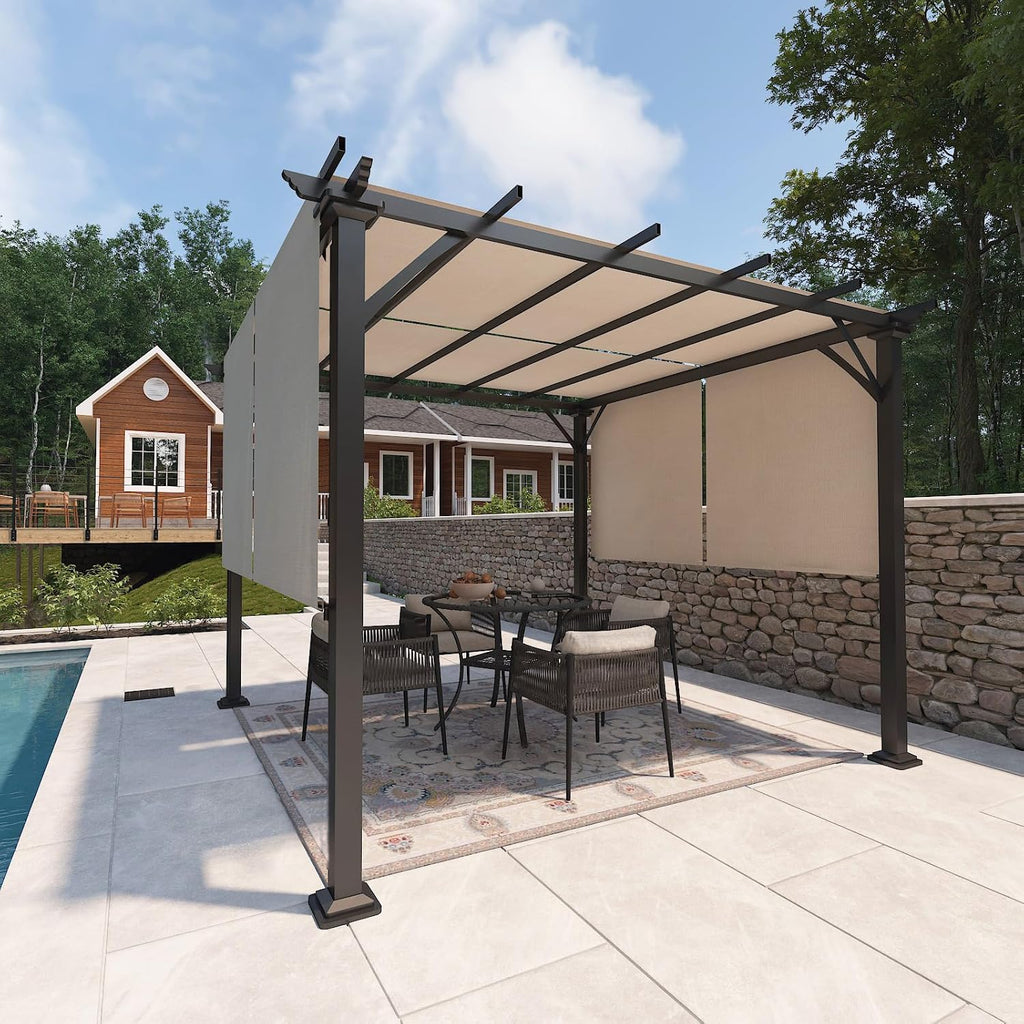 EAGLE PEAK 10x10 Outdoor Gazebo Pergola with Retractable Sun Shade Top for Patio, Garden, Backyard, Steel Frame, Beige