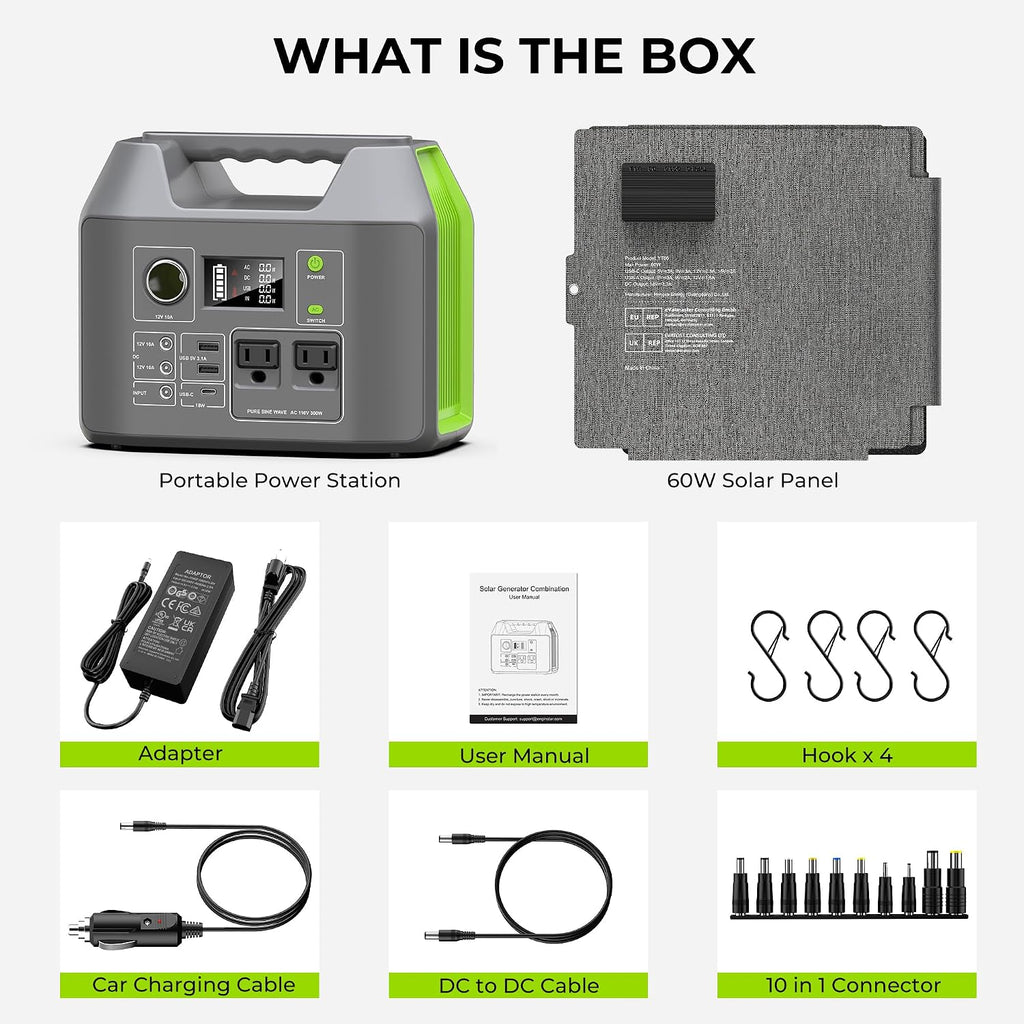 Portable Solar Generator, 300W Portable Power Station with Foldable 60W Solar Panel, 110V Pure Sine Wave 296Wh 80000mAh Lithium Battery Pack for Home Use RV Van Outdoor Camping-Panel included