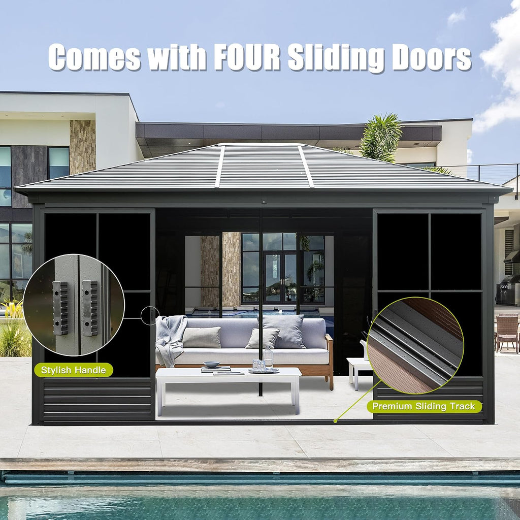 Domi 12x15FT Sunroom Gazebo with 4 Sliding Doors on All Sides, Aluminum Patio Solarium Sunroom Kit All Season, Freestanding Enclosed Gazebo with Galvanized Steel Roof and Movable PVC Windows
