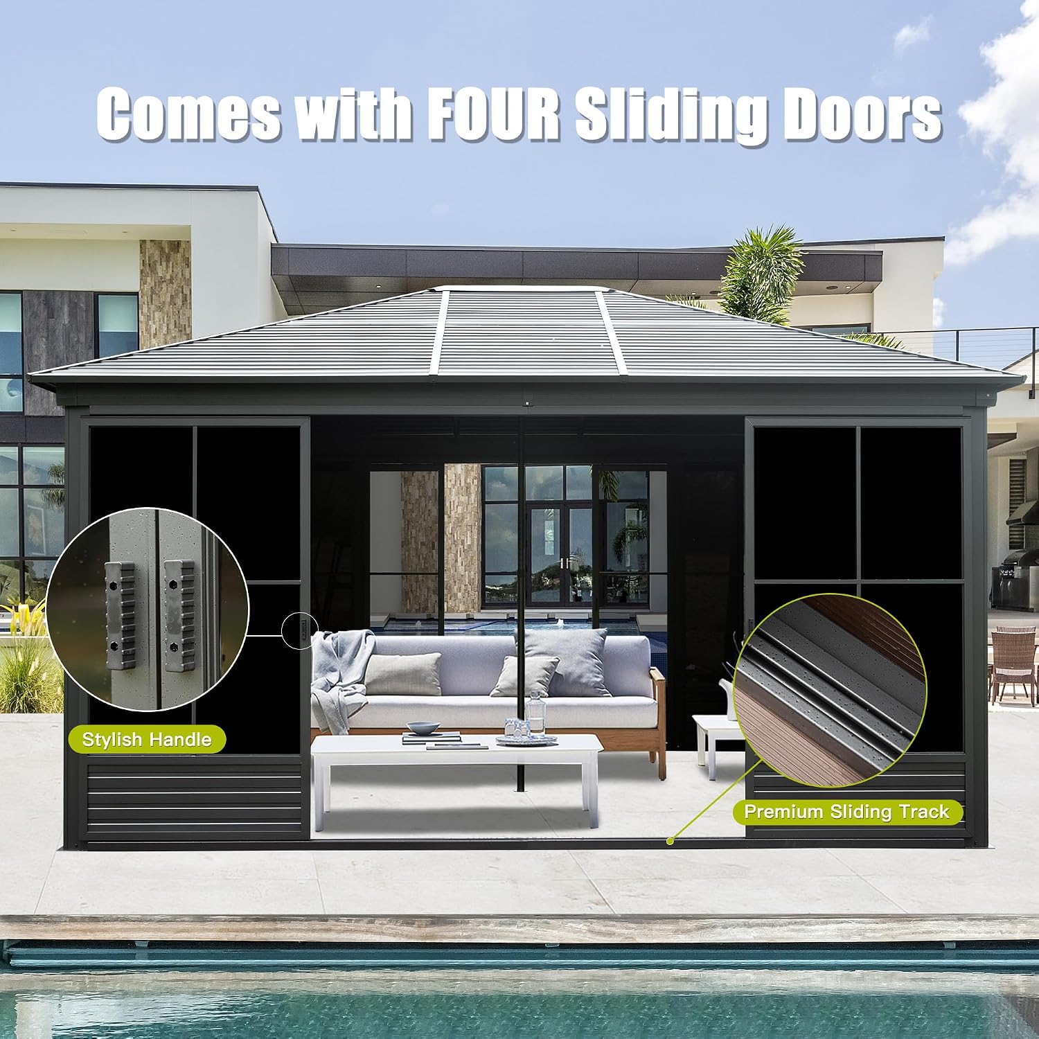 Domi 12x15FT Sunroom Gazebo with 4 Sliding Doors on All Sides, Aluminum Patio Solarium Sunroom Kit All Season, Freestanding Enclosed Gazebo with Galvanized Steel Roof and Movable PVC Windows