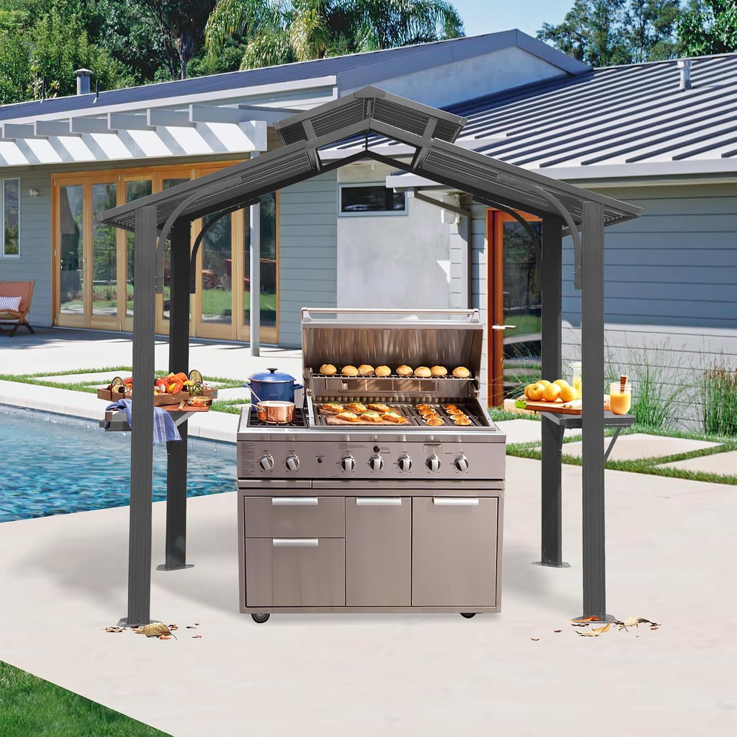 Domi 8x5FT Hardtop Grill Gazebo, Outdoor BBQ Gazebo with 2 Side Shelves and Ceiling Hook, Metal Grill Canopy with Galvanized Steel Double Roof for Patio Lawn Patio Backyard Deck, Grey
