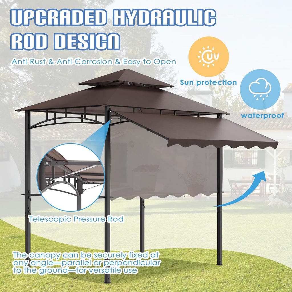 Grepatio 8x8 Ft Outdoor Grill Gazebo, BBQ Gazebo with Extra Adjustable Shadow, Patio 2-Tier Grill Canopy with 2 Shelves 6 Hooks, Barbeque Gazebos Canopy for Backyard Garden Poolside