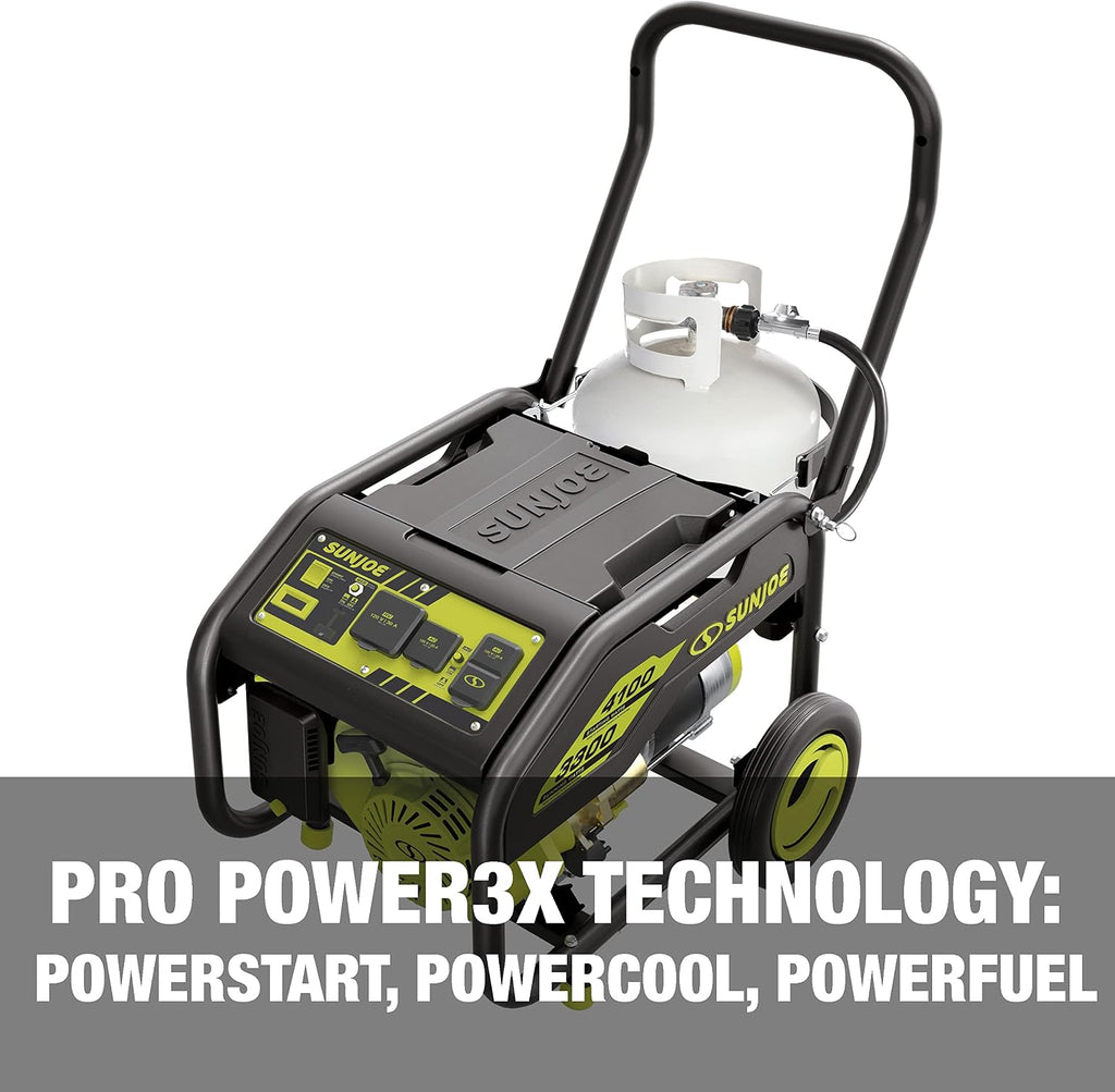Sun Joe SJG4100LP Portable Propane Generator | Push-Button Electric + Recoil Start | Power Cooling System | 4100 Starting Watt | 3300 Running Watt | W/ 24V 2.0-Ah Battery and Charger