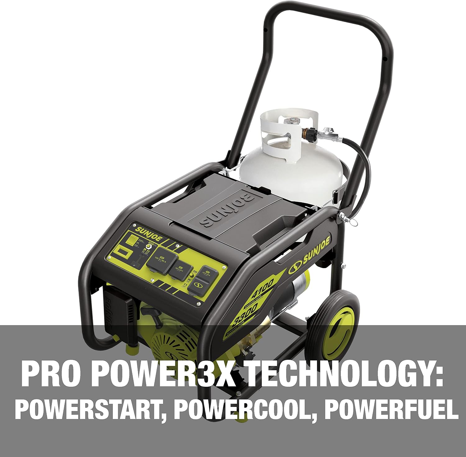 Sun Joe SJG4100LP Portable Propane Generator | Push-Button Electric + Recoil Start | Power Cooling System | 4100 Starting Watt | 3300 Running Watt | W/ 24V 2.0-Ah Battery and Charger
