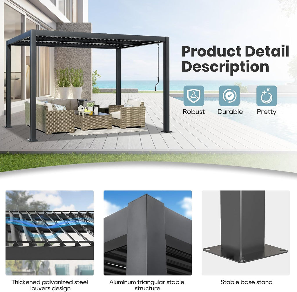10'×13' Outdoor Louvered Pergola, Aluminum Outdoor Louvered Pergola Patio with Adjustable Roof for Outdoor Deck, Backyard, Garden (10x13FT)