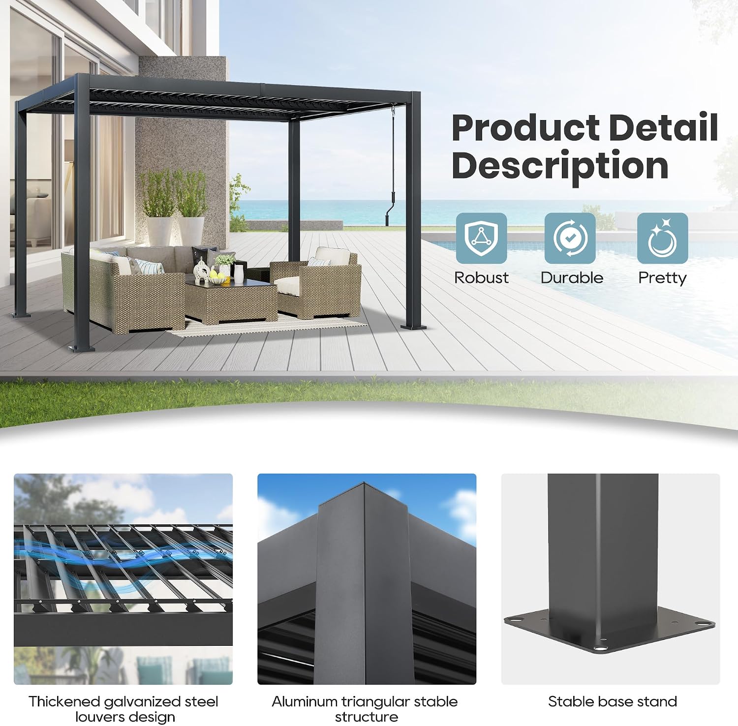 10'×13' Outdoor Louvered Pergola, Aluminum Outdoor Louvered Pergola Patio with Adjustable Roof for Outdoor Deck, Backyard, Garden (10x13FT)