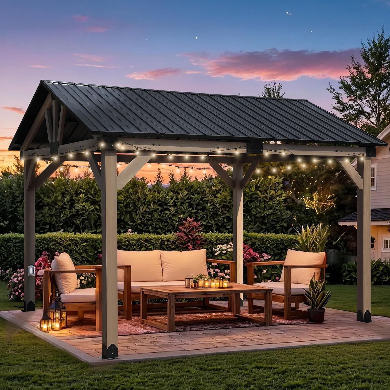 Aoodor 10 x 12 ft Wooden Frame Gazebo with Single Galvanized Metal Hardtop Roof, Outdoor Patio Gazebo with Charging Socket for Patio, Backyard, Deck, and Lawn