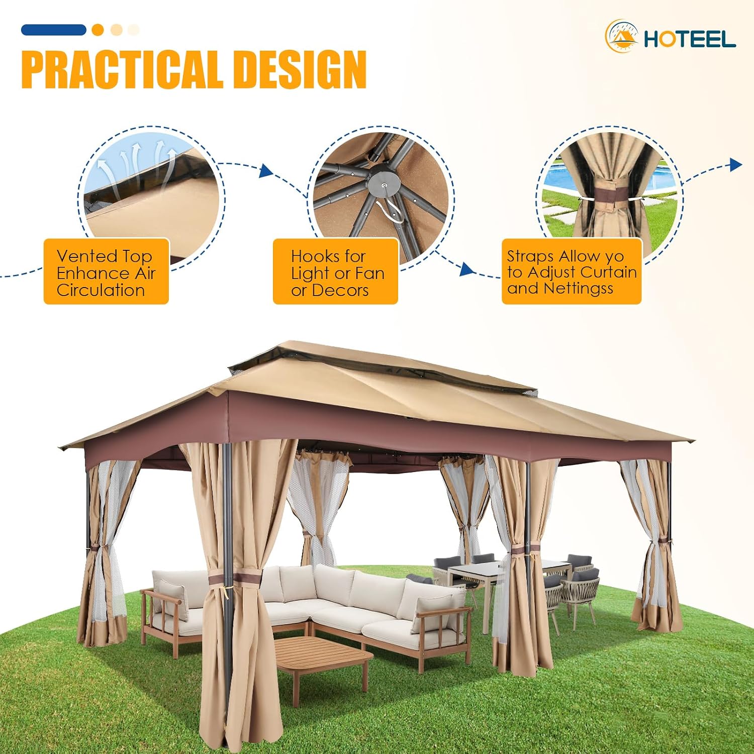 HOTEEL Gazebo 12x20, Outdoor Gazebo on Clearance with Double Ventilated Arc Roof, Privacy Curtains & Mosquito Netting, Easy Set up Canopy Tent with Stable Metal Frame for Patio, Khaki (Upgraded 3.0)