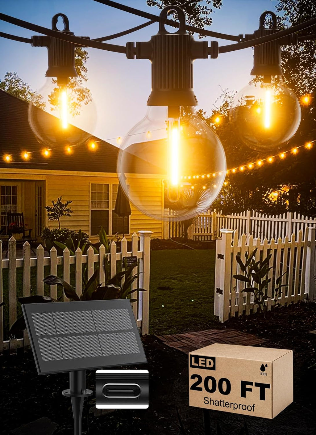 Zuske Solar String Lights Outdoor Waterproof 200FT with USB Port and 100 Shatterproof G40 Bulbs(3 Spare), LED Solar Powered Patio Lights for Outside, Porch, Backyard, Gazebo, Garden(Warm White)
