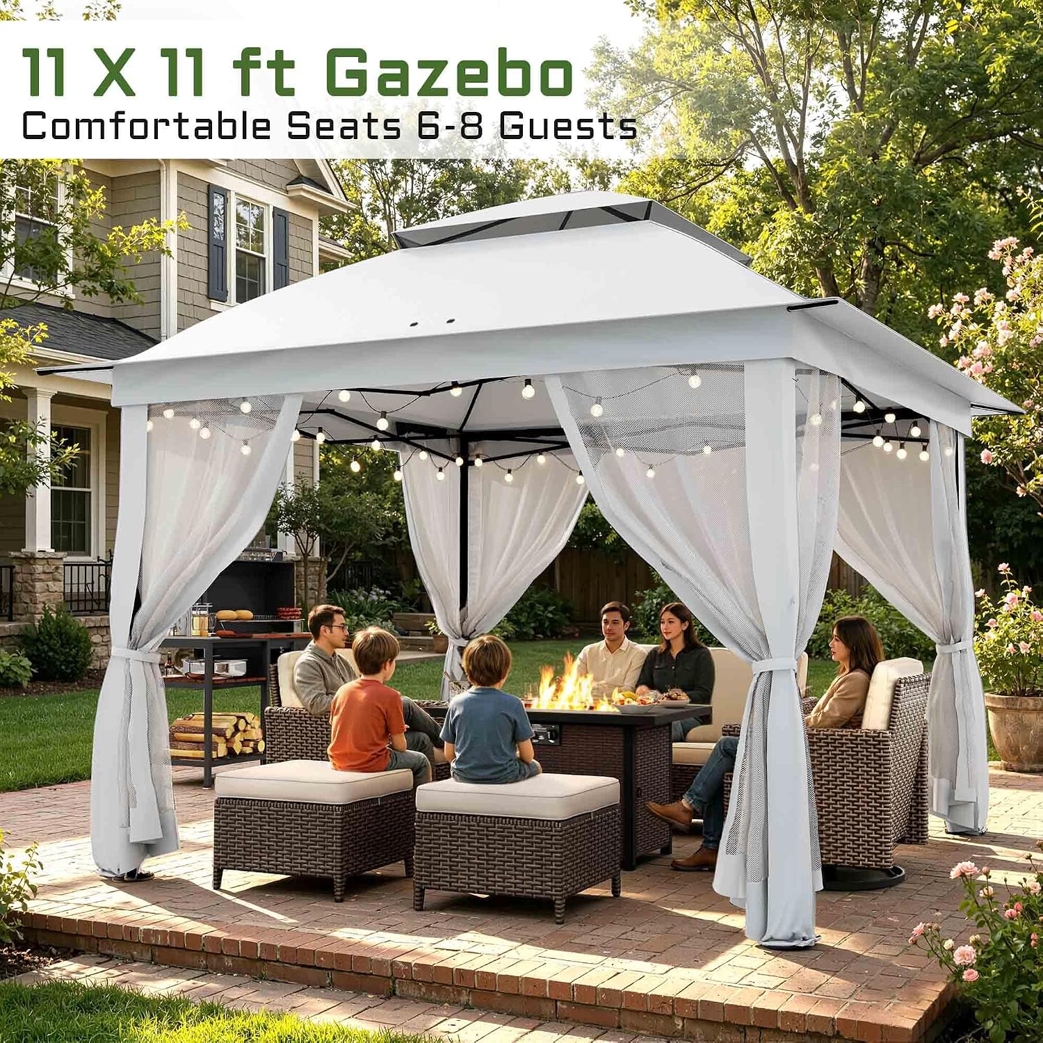 11'X11' Gazebo Pop Up with 4 Sidewalls Mosquito Netting, Heavy Duty Patio Gazebo Canopy Tent with Double Air Roofs for Backyards, Patios, Decks, Gardens, Parks