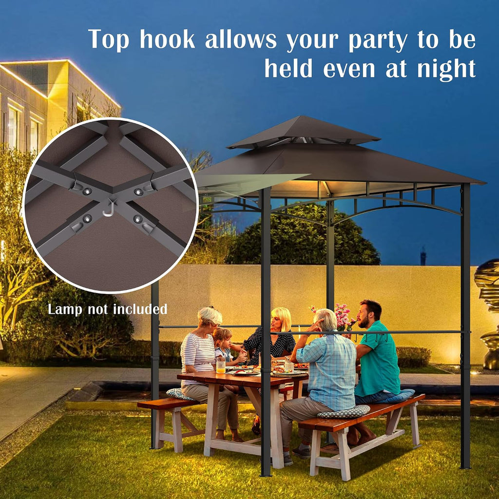 MAGIC UNION 8x8 FT Grill Gazebo with Side Awning, 2-Tier Barbecue Canopy Shelter with 2 Shelves, 7 Hanging Hooks, Bottle Opener, Outdoor Grilling Awnings Tent for Backyard Garden Poolside (Brown)