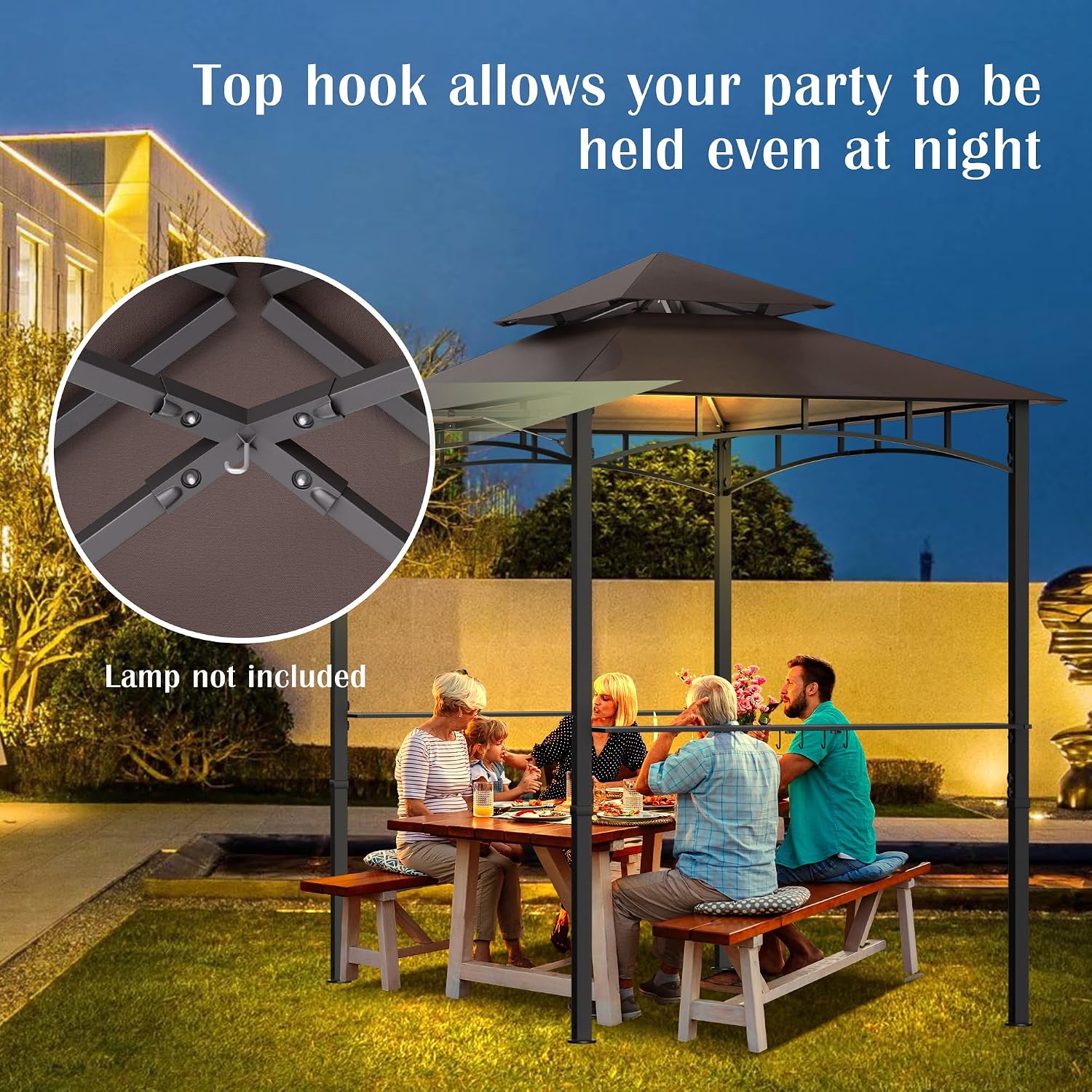 MAGIC UNION 8x8 FT Grill Gazebo with Side Awning, 2-Tier Barbecue Canopy Shelter with 2 Shelves, 7 Hanging Hooks, Bottle Opener, Outdoor Grilling Awnings Tent for Backyard Garden Poolside (Brown)