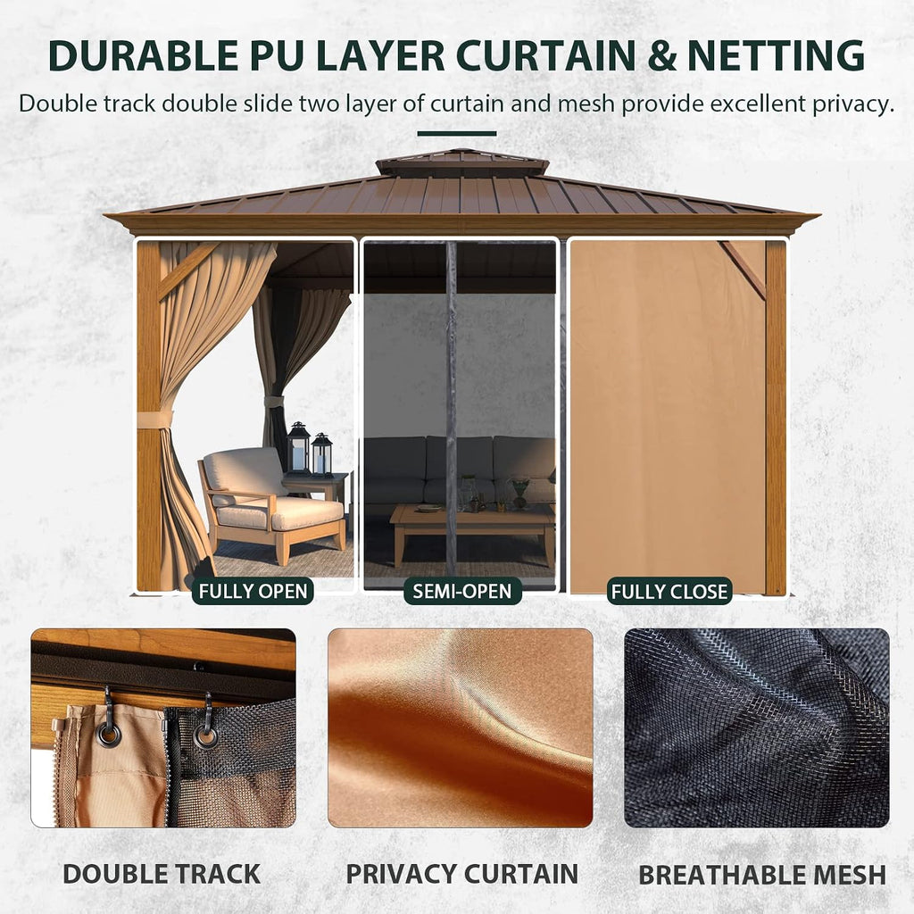 YOLENY 12'x12' Hardtop Gazebo, Wooden Finish Coated Aluminum Frame Canopy with Galvanized Steel Roof, Outdoor Metal Gazebos with Curtains and Nettings for Patio, Backyard, Deck and Lawns