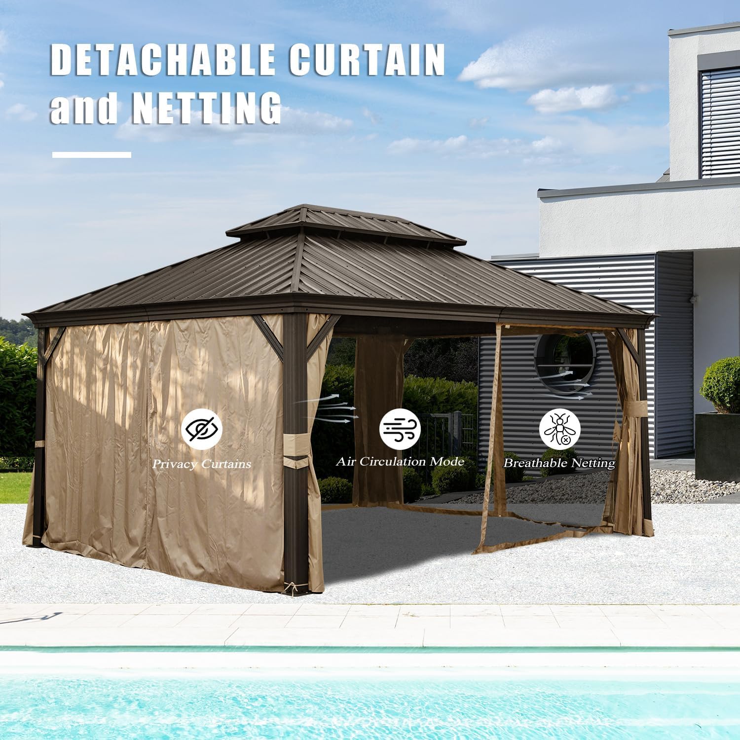 Domi 10x14 Outdoor Gazebo, Hardtop Gazebo with Aluminum Frame, Heavy Duty Pavilion Gazebo for Patio Deck Backyard, Curtain and Netting Included, Dark Brown