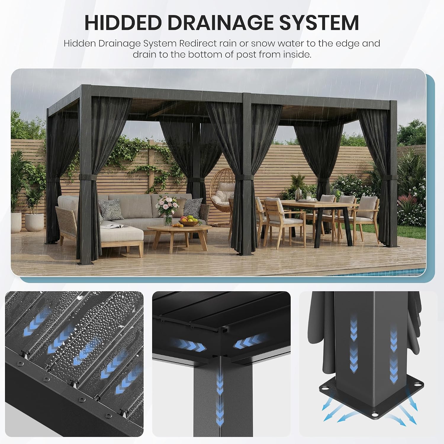 10'×20' Outdoor Louvered Pergola, Aluminum Outdoor Louvered Pergola Patio with Adjustable Roof for Outdoor Deck, Backyard, Garden (10x20FT with Curtain)