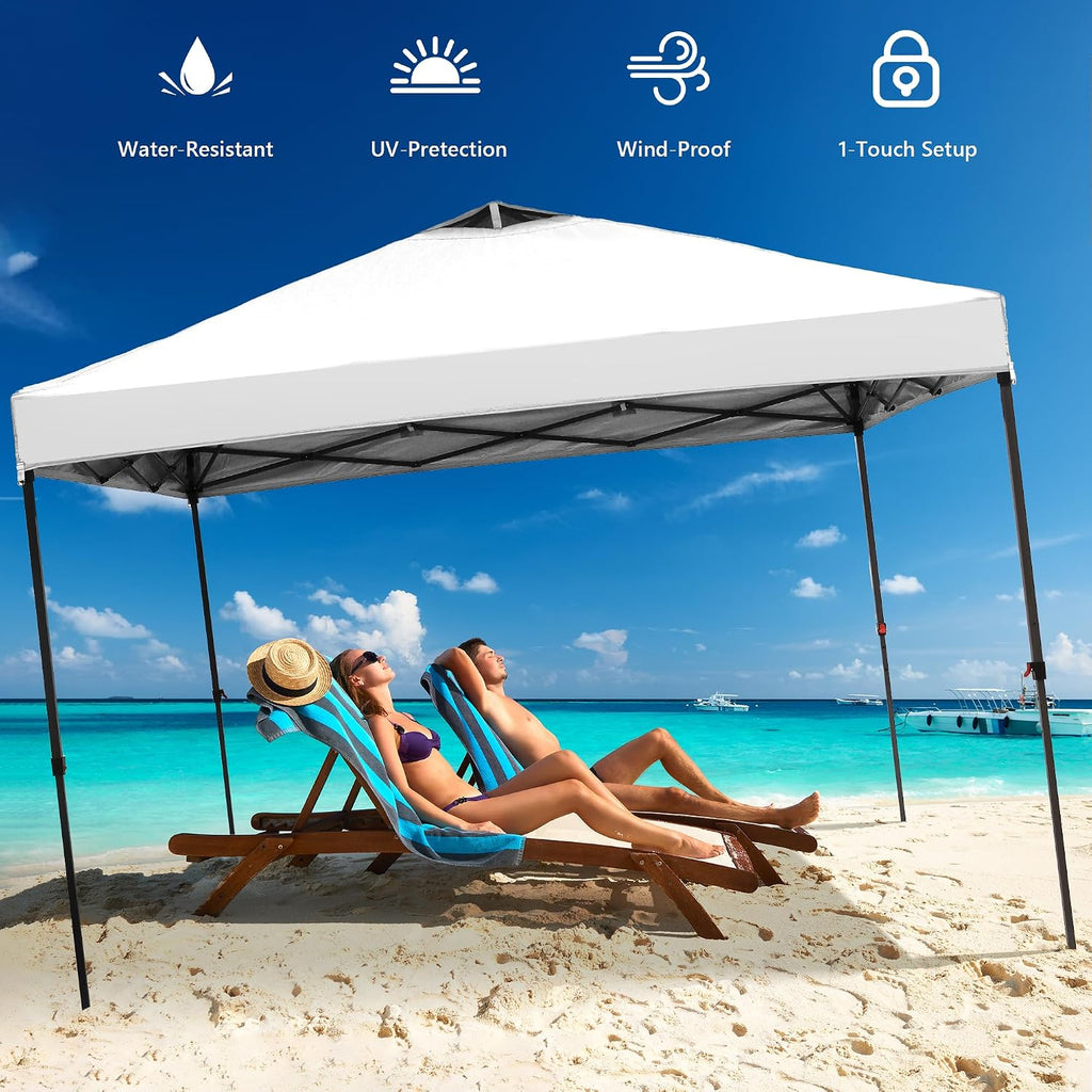 10x10 Pop Up Canopy Tent with One Push Setup, Portable Sun Shade Tent, Instant Easy Up Canopy with 4-Sidewalls & Wheeled Bag, Outdoor Fldable Gazebo with Vent Top, White.