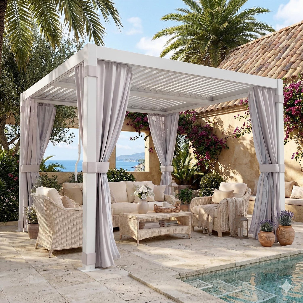 MELLCOM Louvered Pergola 10x10, Steel Aluminum Pergola with Adjustable Louvered Roofs, Outdoor Gazebo with Waterproof Curtains and Nets, White