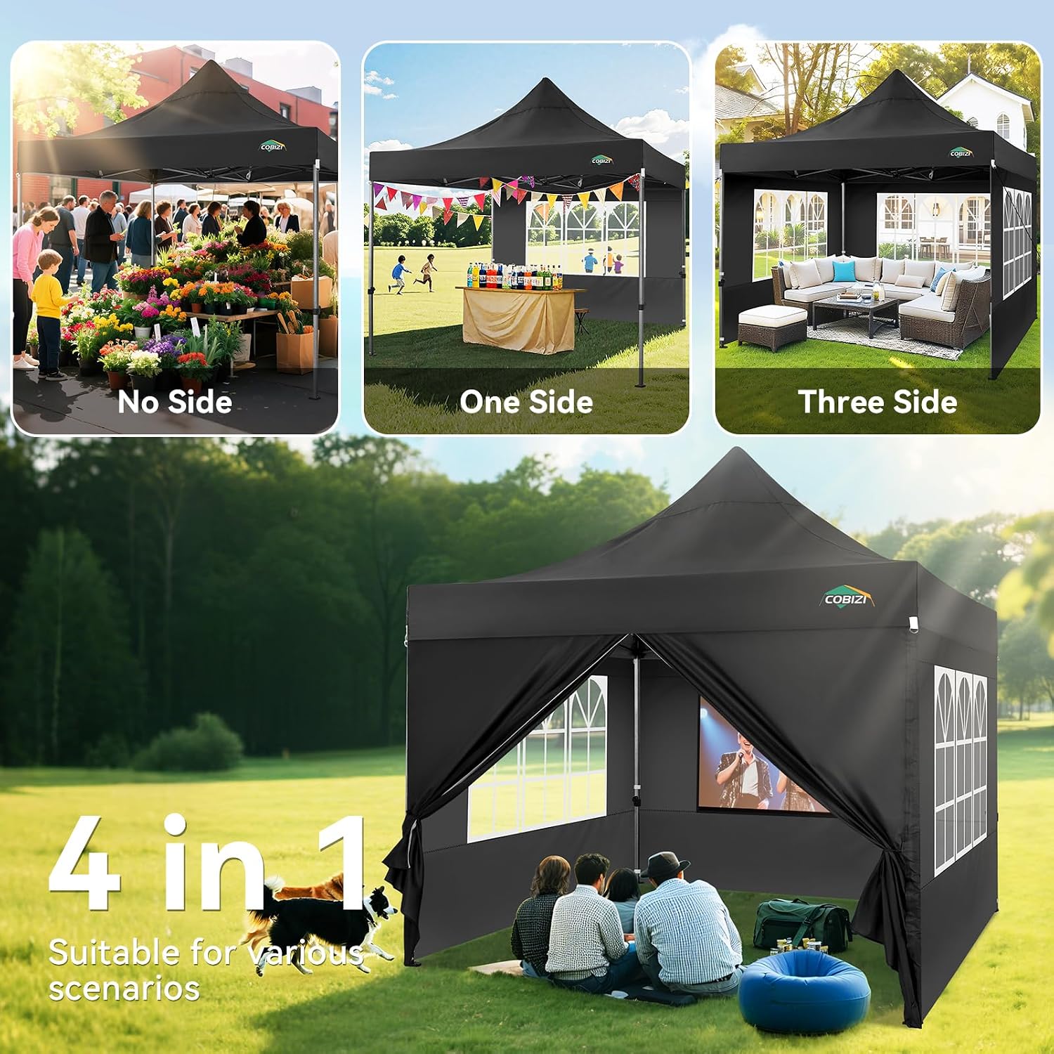 COBIZI 10x10 Heavy Duty Pop Up Canopy Tent with 4 Sidewalls Thicken Frame, Commercial Easy Up Outdoor Wedding Party Tents, All Season Waterproof Windproof with Stakes Sandbags Ropes Roller Bag, Black