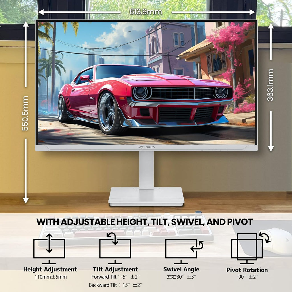 CRUA 27' Gaming Monitor, 144Hz 4K UHD(3840*2160P) IPS Screen, Supports Height/Pivot/Rotating/Tilt Adjustable Vertical Monitor, AMD Freesync, 120% sRGB, Built-in Speakers, Wall Mountable Installs-White