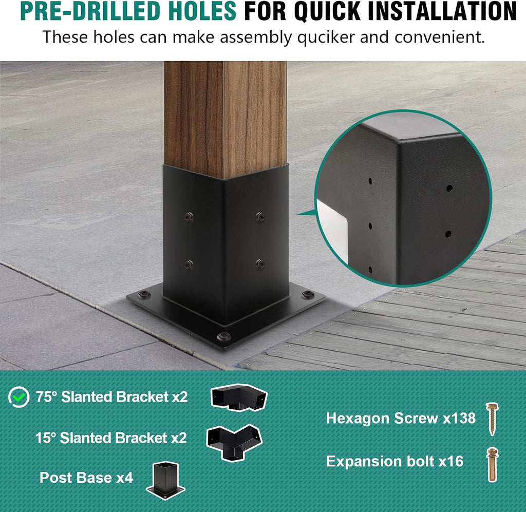 HAYOHRT 15° Pergola Brackets 75° Corner Bracket with Post Base Gazebo Kit for 4x4'' (Actual 3.5x3.5 in) Wooden Beams Lumber Gazebos Patio Pergola Sheds