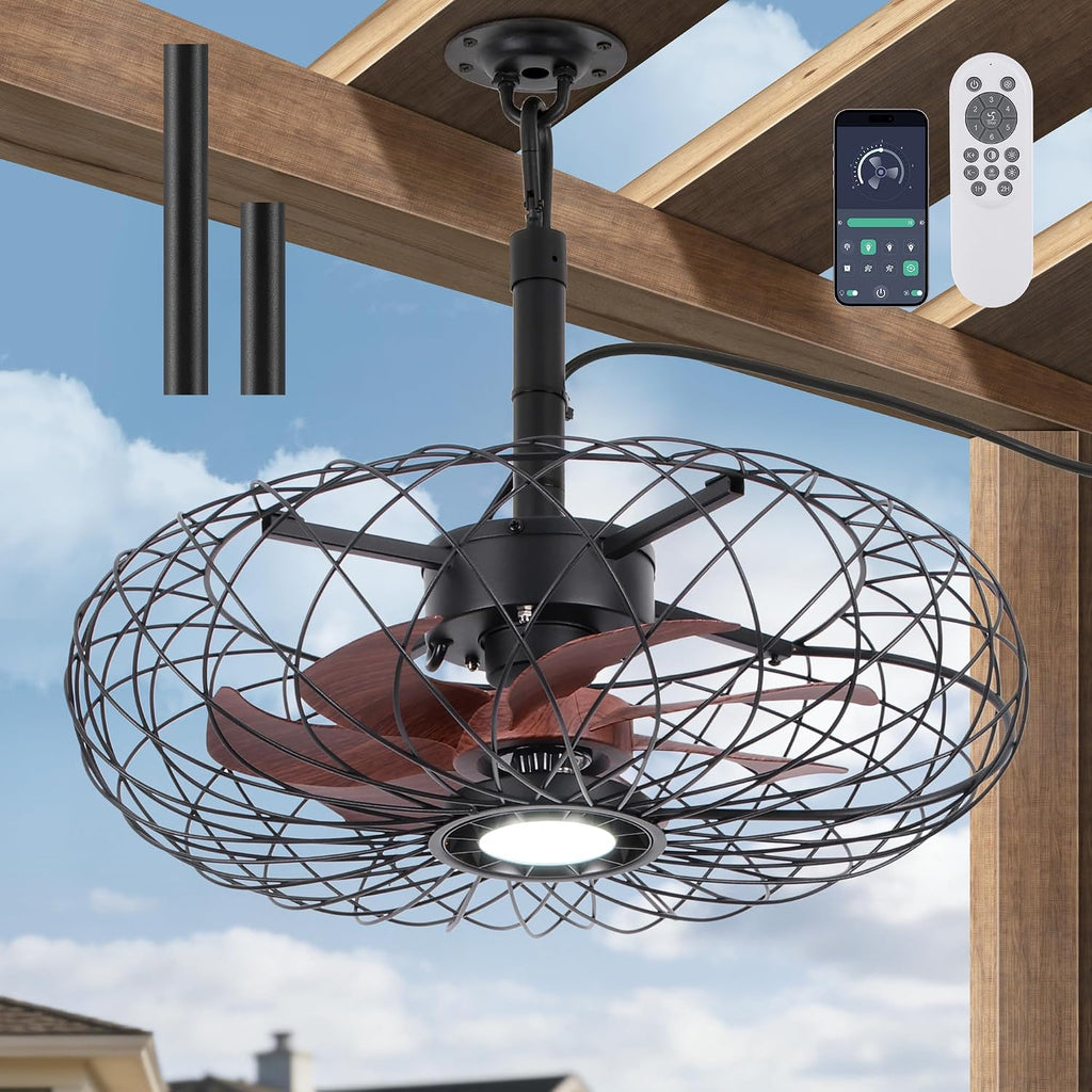 PAZALA 20' Gazebo Ceiling Fans with Lights and Remote Control, Waterproof Enclosed Caged Ceiling Fan with 3 Color LED Light, Portable Hanging Outdoor Fan with Plug in Cord Hook for Patios Black
