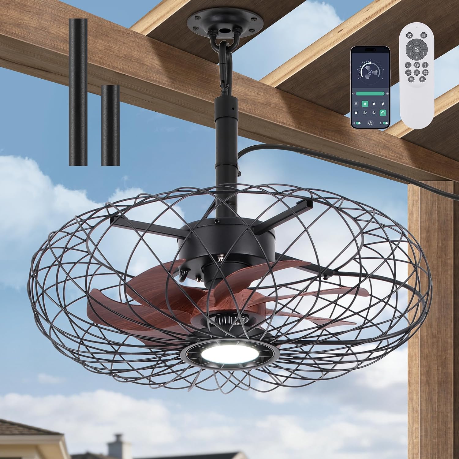 PAZALA 20' Gazebo Ceiling Fans with Lights and Remote Control, Waterproof Enclosed Caged Ceiling Fan with 3 Color LED Light, Portable Hanging Outdoor Fan with Plug in Cord Hook for Patios Black