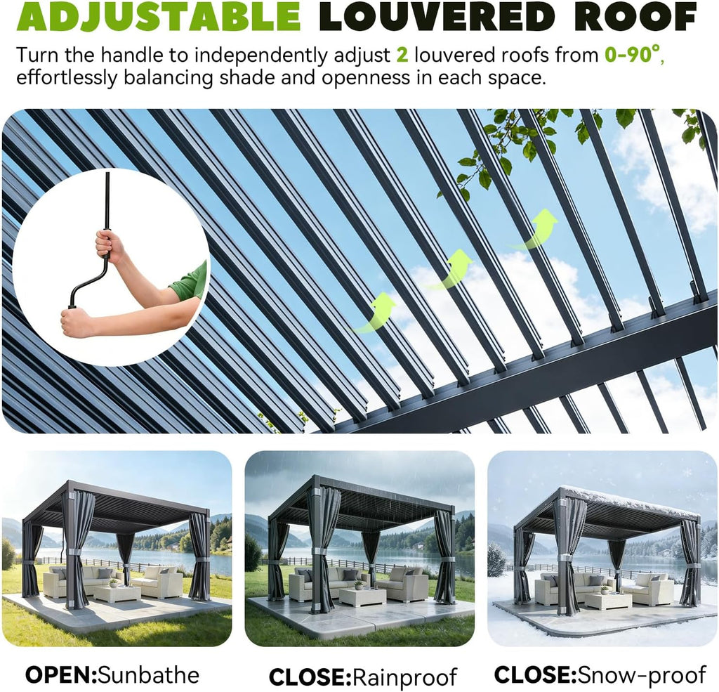 MELLCOM Louvered Pergola 10x10, Steel Aluminum Pergola with Adjustable Louvered Roofs, Outdoor Gazebo with Waterproof Curtains and Nets, Black