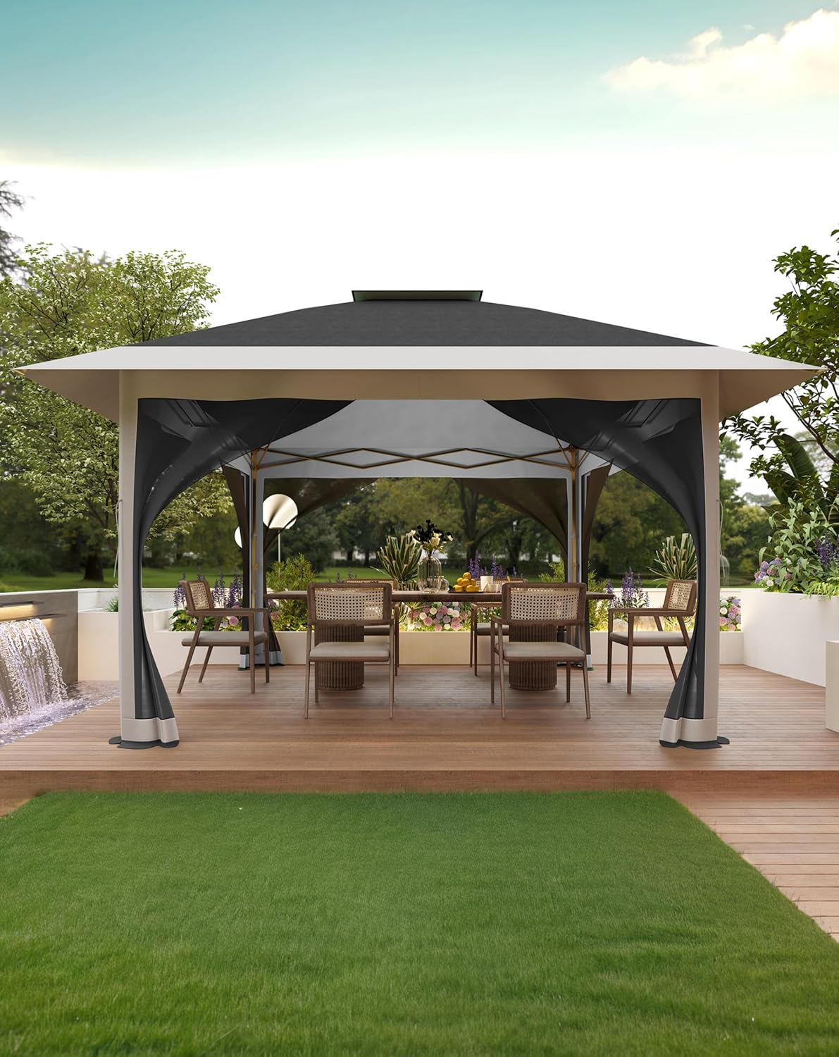 KYBOLT 12x12 Pop Up Gazebo Outdoor Canopy Shelter with Mosquito Netting 4 Stanbags Instant Gazebo Tent for Lawn, Garden, Backyard, Deck (Charcoal Gray + Light Gray)