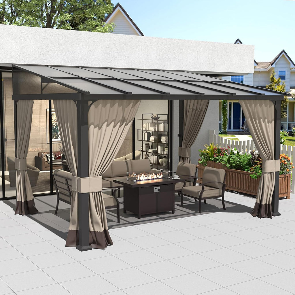 Kurapika 10' x 12' Wall Mount Gazebo Outdoor Pergola, Hardtop Lean to Gazebo Canopy Awnings with Sloped Roof and Sturdy Steel Frame, for Patio, Porch, Deck, Backyard(Sand)