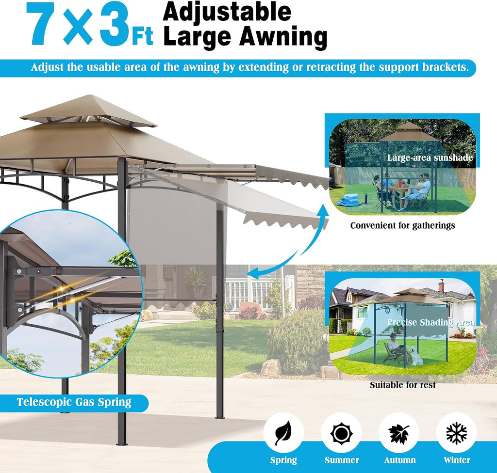 TITIMO 8'x 8' x 7.8' Double Tiered Grill Gazebo with Side Awning,Outdoor Patio BBQ Pergola, Heavy-Duty Metal Frame Canopy Tent with Side Shelves,Hooks,Bottle Opener for Lawn Deck and Garden (Khaki)