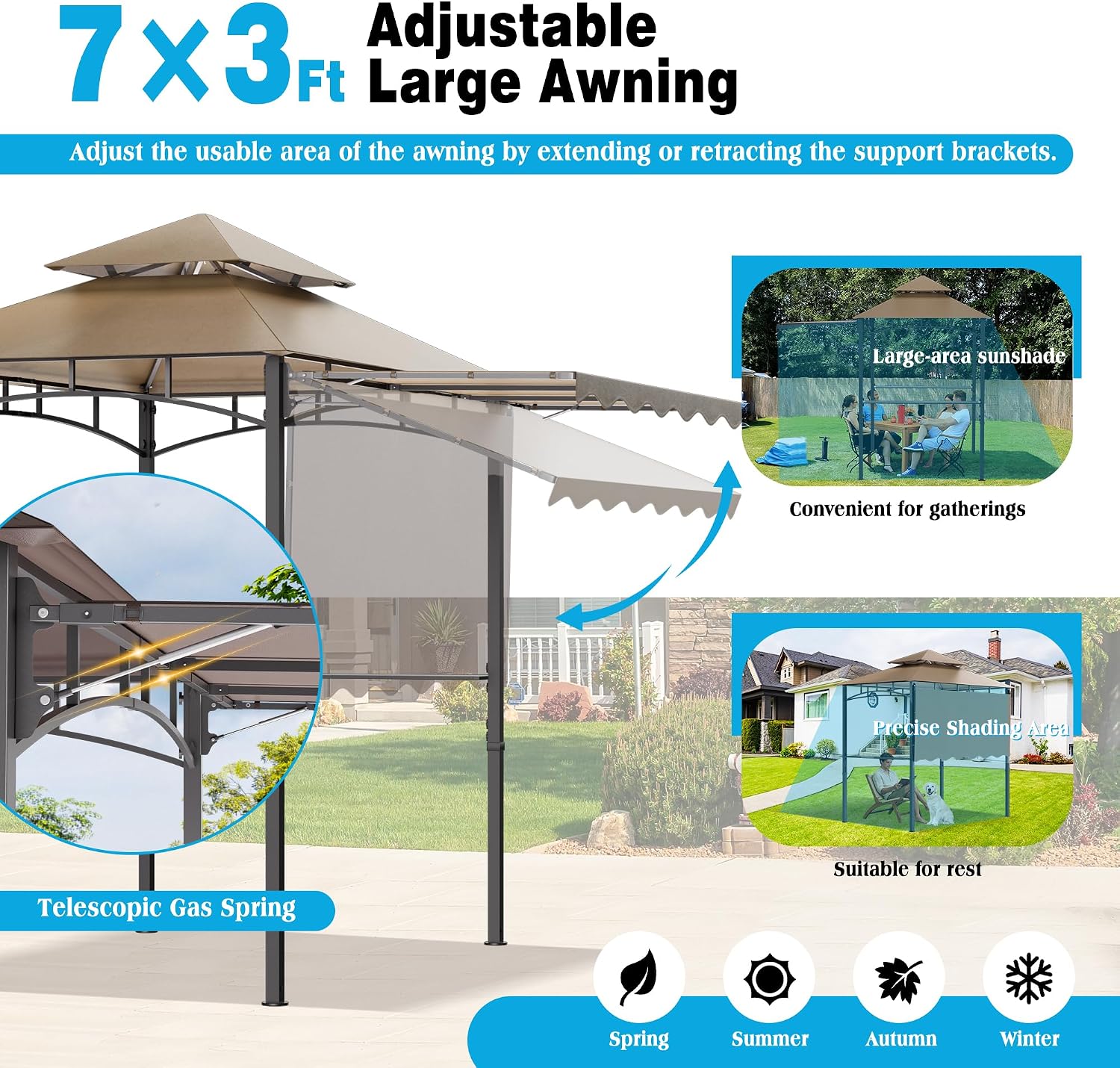 TITIMO 8'x 8' x 7.8' Double Tiered Grill Gazebo with Side Awning,Outdoor Patio BBQ Pergola, Heavy-Duty Metal Frame Canopy Tent with Side Shelves,Hooks,Bottle Opener for Lawn Deck and Garden (Khaki)