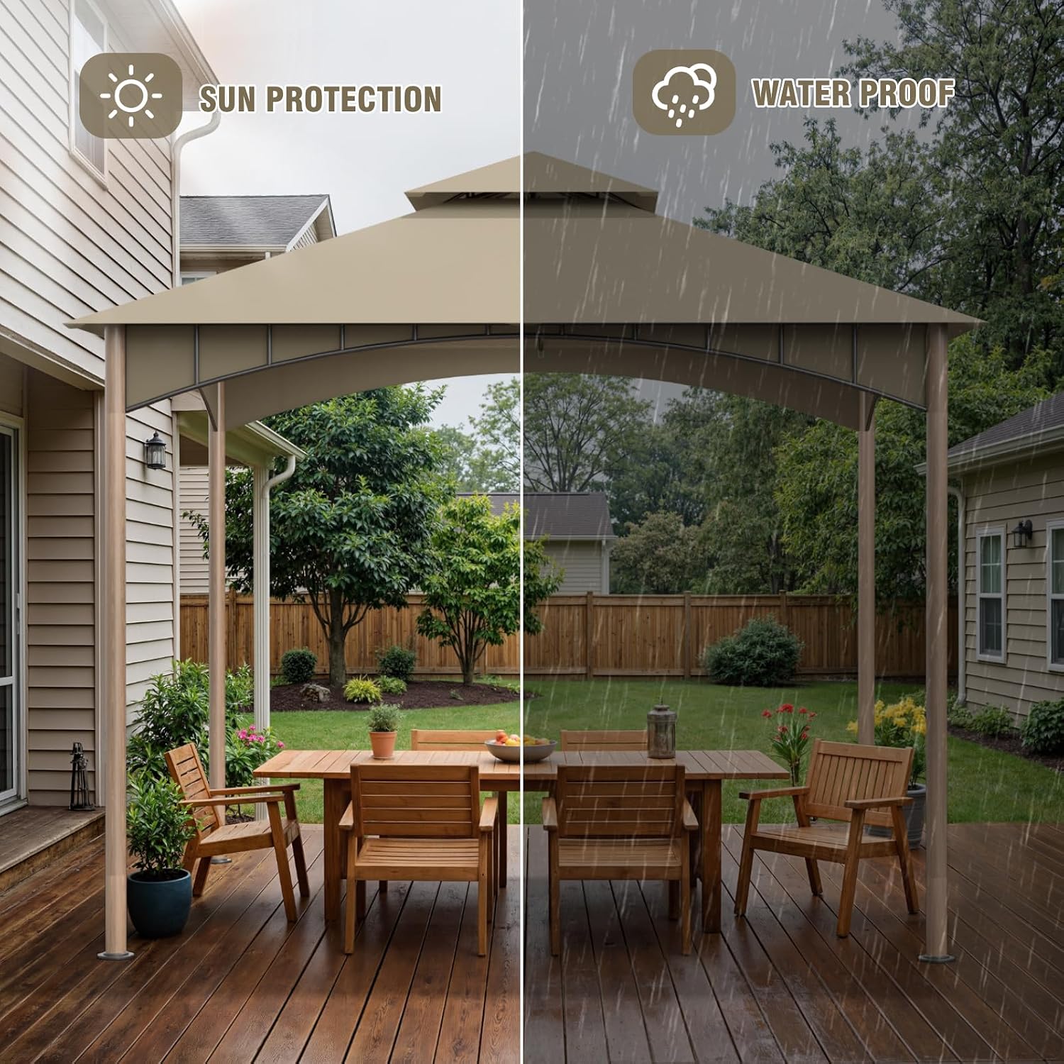 Sannwsg Outdoor Patio Gazebo 10x10 FT, Soft Top Gazebo Canopy with Double Roof, Metal Frame, for Backyard, Deck & Lawn, Wood Grain Posts