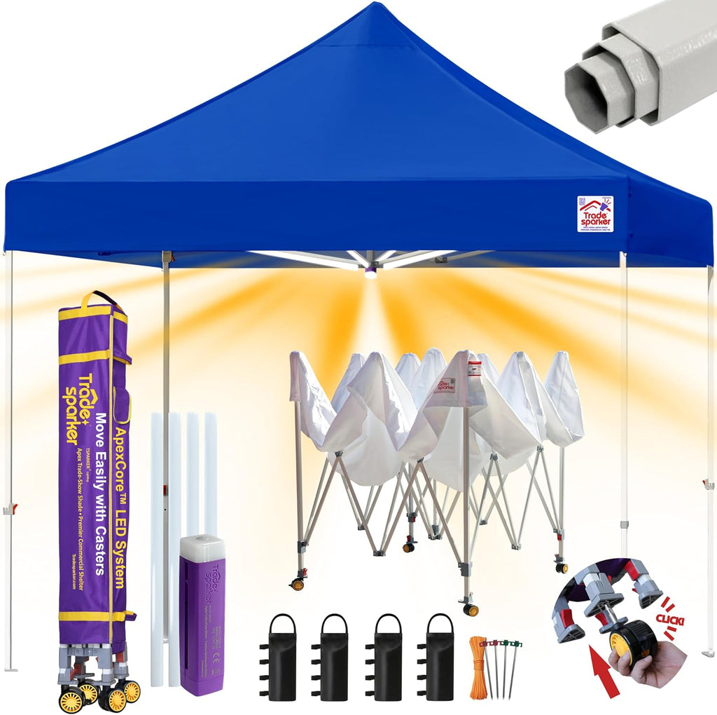 Tradesparker 10x10 Pop Up Canopy Tent,Commercial Movable Canopy with ApexCore LED&Rugged Casters-Instant Easy Setup Shelter Canopies with Weight Bags&Stakes for Outdoor Events Markets Vendors,Blue