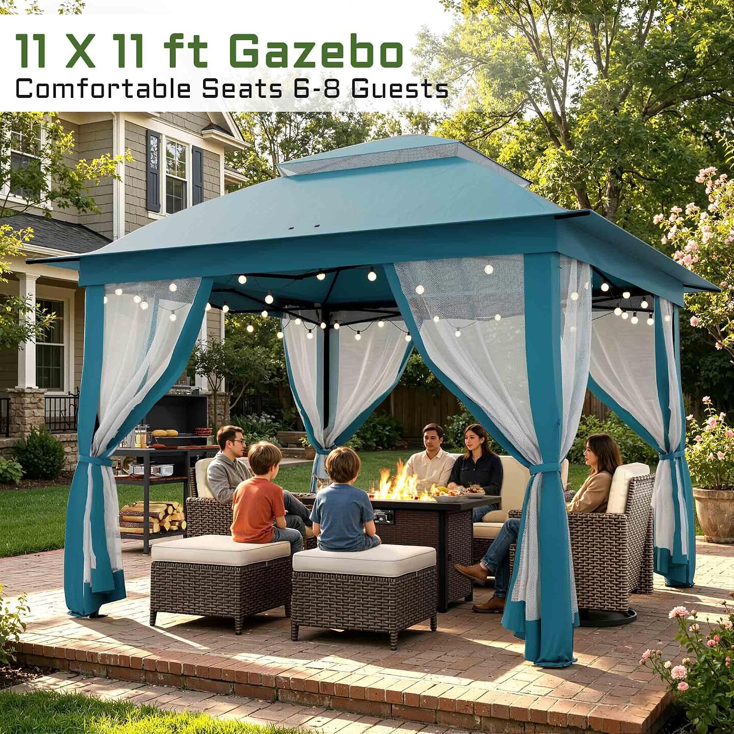 11'X11' Gazebo Pop Up with 4 Sidewalls Mosquito Netting, Heavy Duty Patio Gazebo Canopy Tent with Double Air Roofs for Backyards, Patios, Decks, Gardens, Parks