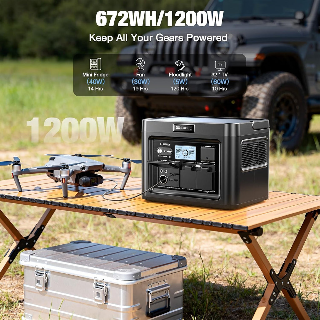 GRECELL H1200 Portable Power Station 1200W, 672Wh LiFePO4 Battery Solar Generator with 10ms UPS, 1200W Solar Power Station, 9 Output Ports for Home Emergency, Outdoor Camping, RV Travel, Laptop TV