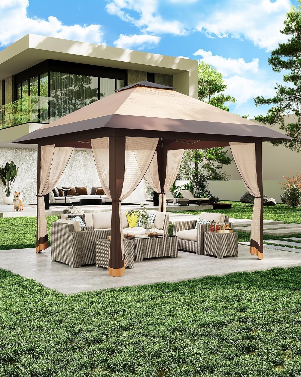 Pop Up Gazebo 13 * 13 Ft Outdoor Tent with Mosquito Net - Patio Gazebo 3 Level Adjustable Height Outdoor Gazebos for Backyard Waterproof Double Roof Patio Canopy for Parties BBQs