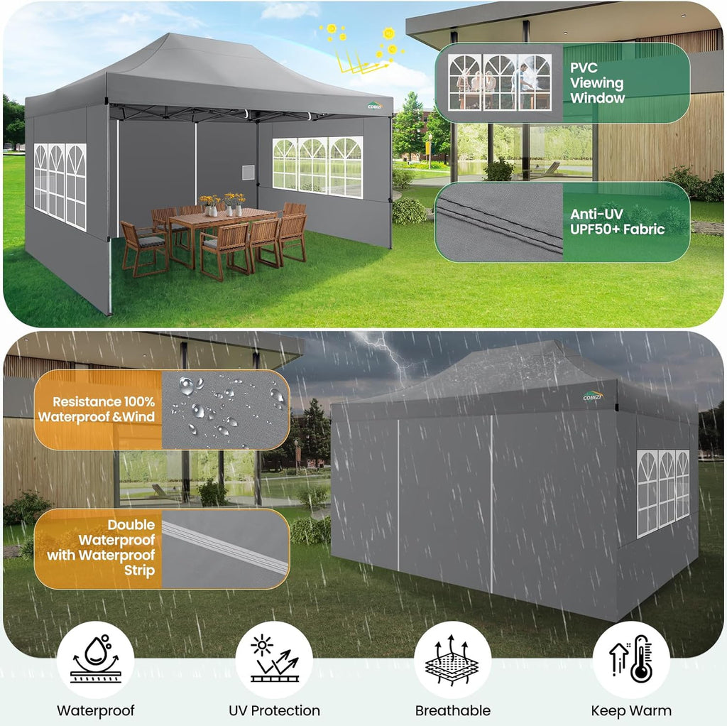 COBIZI 10x15 FT Heavy Duty Pop up Canopy with 4 Removable Sidewalls, Easy up Gazebo High Stability, All Weather Sunshade 100% Waterproof Outdoor Canopy Tents with Carry Bag, Gray