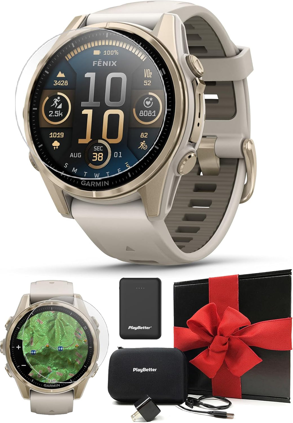 Garmin Fenix 8 AMOLED Sapphire (43mm, Soft Gold/Dark Sandstone) Multisport GPS Smartwatch Gift Box Bundle - 1.3' Touchscreen, Built-in LED Flashlight with PlayBetter Charger, Screens, Adapter, Case