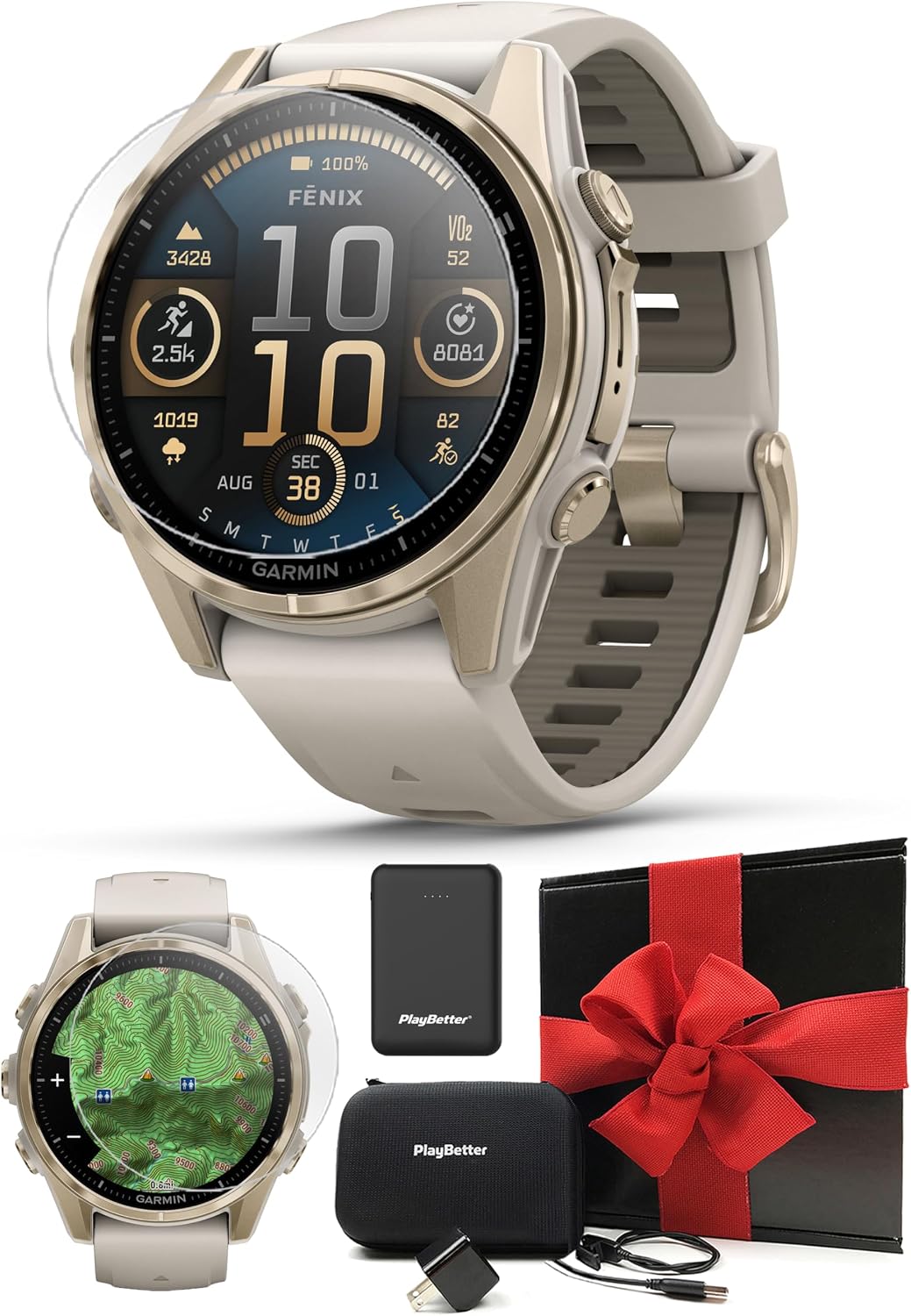 Garmin Fenix 8 AMOLED Sapphire (43mm, Soft Gold/Dark Sandstone) Multisport GPS Smartwatch Gift Box Bundle - 1.3' Touchscreen, Built-in LED Flashlight with PlayBetter Charger, Screens, Adapter, Case