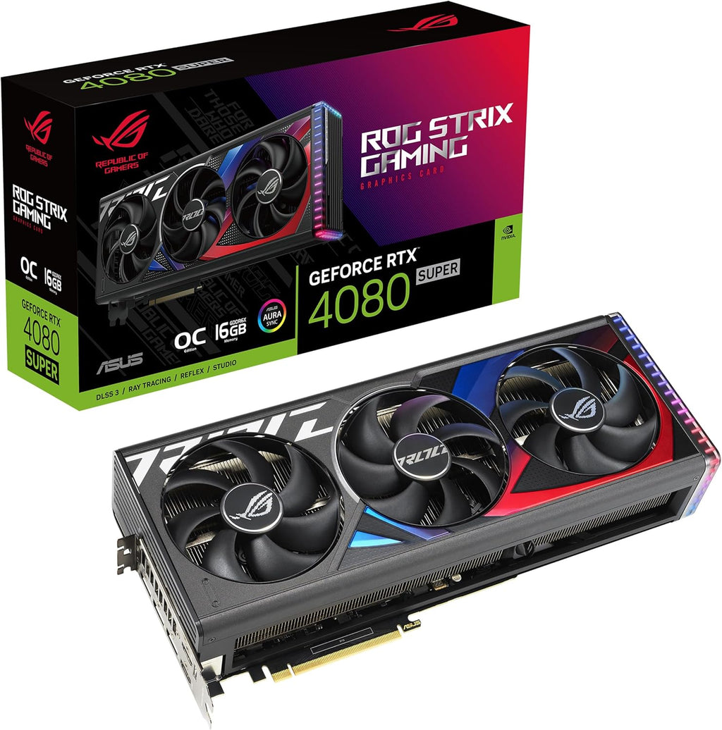 ASUS ROG Strix GeForce RTX™ 4080 Super OC Edition Gaming Graphics Card (PCIe 4.0, 16GB GDDR6X, DLSS 3, HDMI 2.1a, DisplayPort 1.4a, Vapor Chamber, Massive Vented Backplate, Power Sensing, Aura Sync)