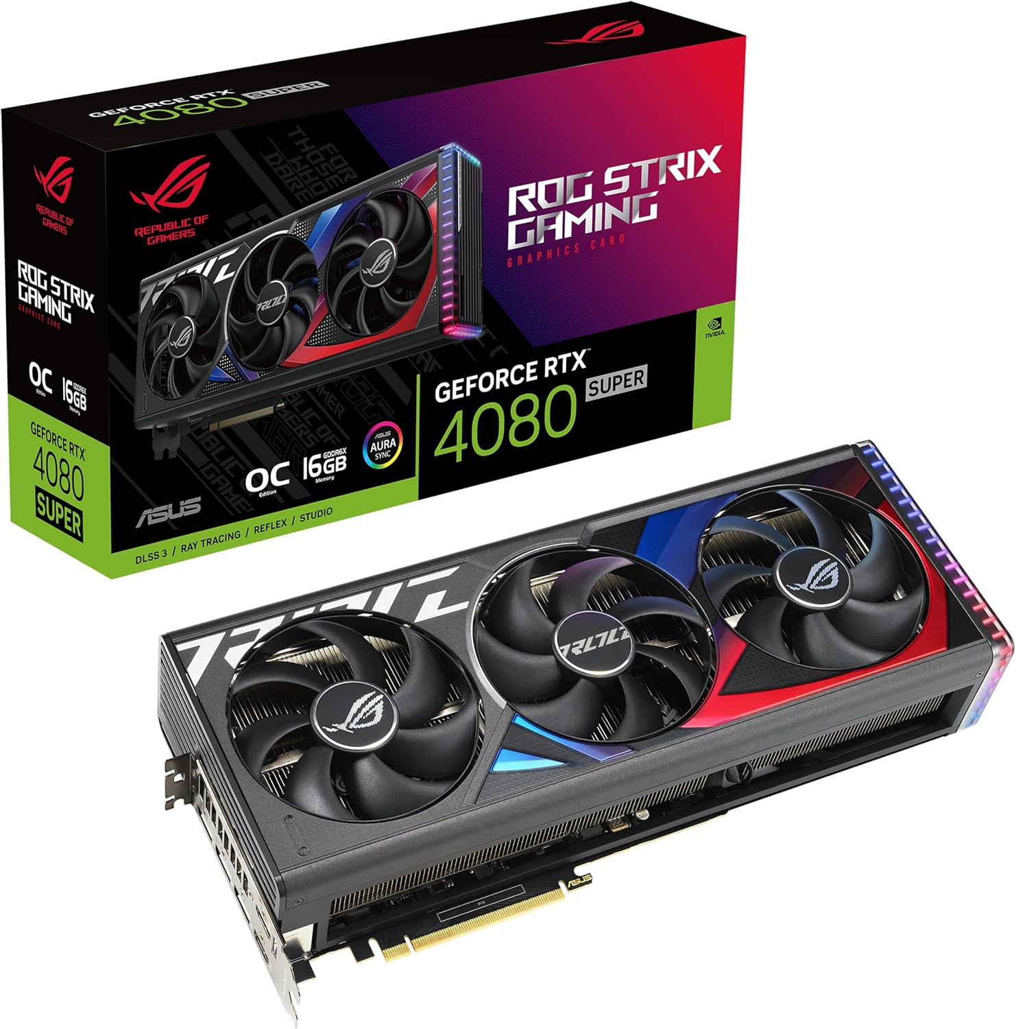 ASUS ROG Strix GeForce RTX™ 4080 Super OC Edition Gaming Graphics Card (PCIe 4.0, 16GB GDDR6X, DLSS 3, HDMI 2.1a, DisplayPort 1.4a, Vapor Chamber, Massive Vented Backplate, Power Sensing, Aura Sync)