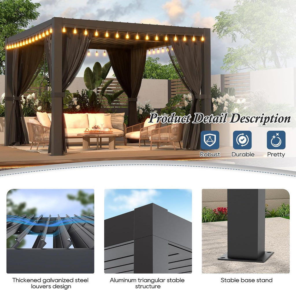 10'×10' Outdoor Louvered Pergola with Clear String Lights, Aluminum Outdoor Louvered Pergola Patio with Adjustable Roof for Outdoor Deck, Backyard, Garden (10x10FT with Light)