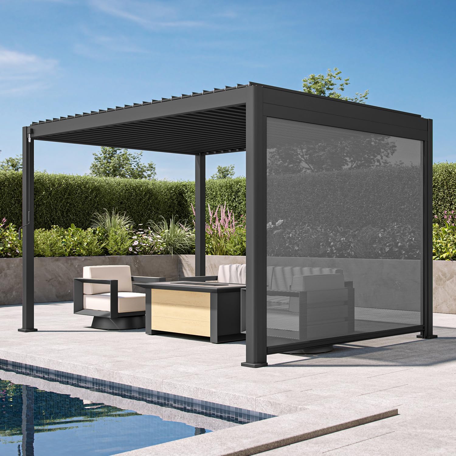 MIRADOR 111S Round 10'x13' Louvered Pergola with 10FT Shade Screen for Outdoor Deck Lawn Garden Backyard Patio Porch，Charcoal