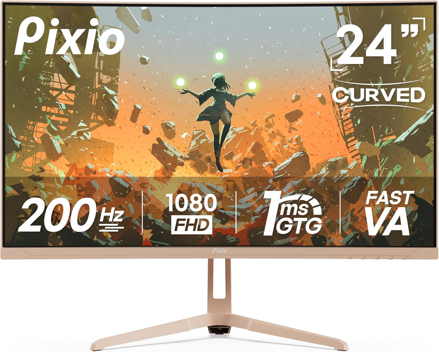 Pixio PXC248 Wave Beige 24 inch 200Hz Refresh Rate FHD 1080p Resolution 1500R Curve Fast VA Panel 1ms GTG Response Time Adaptive Sync HDR Curved Gaming Monitor